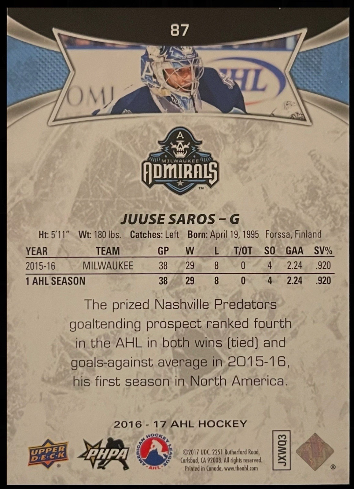 Juuse Saros Rookie – 2016-17 Upper Deck AHL #87 Red (RC) Nashville Predators