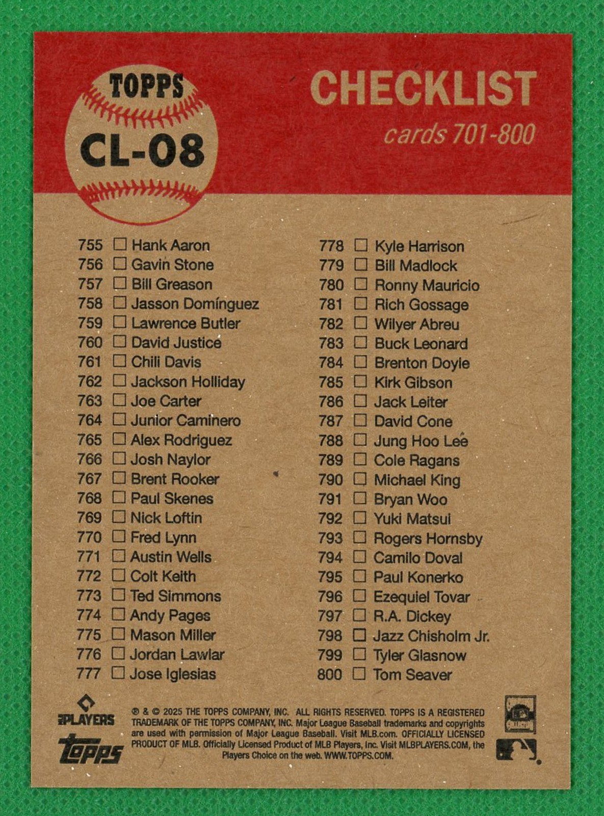 CHECKLIST 2025 Topps Living Set Baseball #CL-08 Cards 701-800