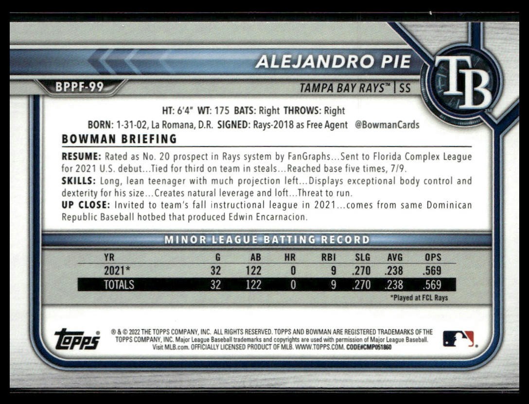 2022 Bowman 1st Edition #BPPF-99 Alejandro Pie Sky Blue Foil
