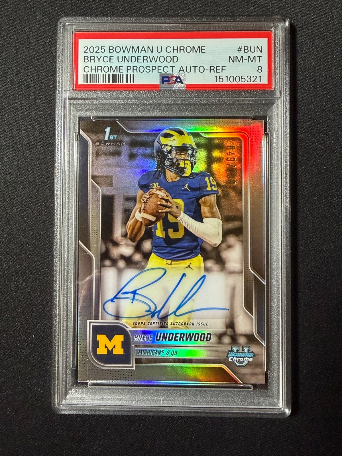 2025 Bowman Chrome U Bryce Underwood Auto 1st Refractor Auto /299 Michigan PSA 8