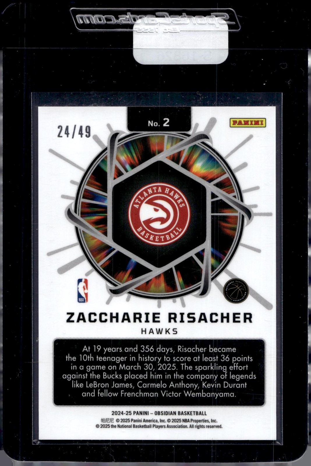 2024-25 Panini Obsidian #2 Zaccharie Risacher Supernova Pink Flood #/49
