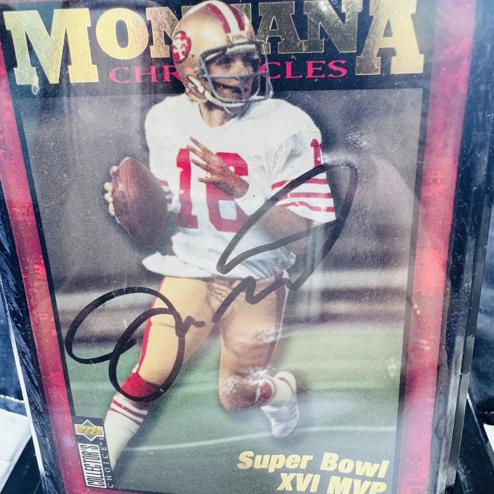 Joe Montana 49ers Autographed NFL Football Card On Display Stand. No COA