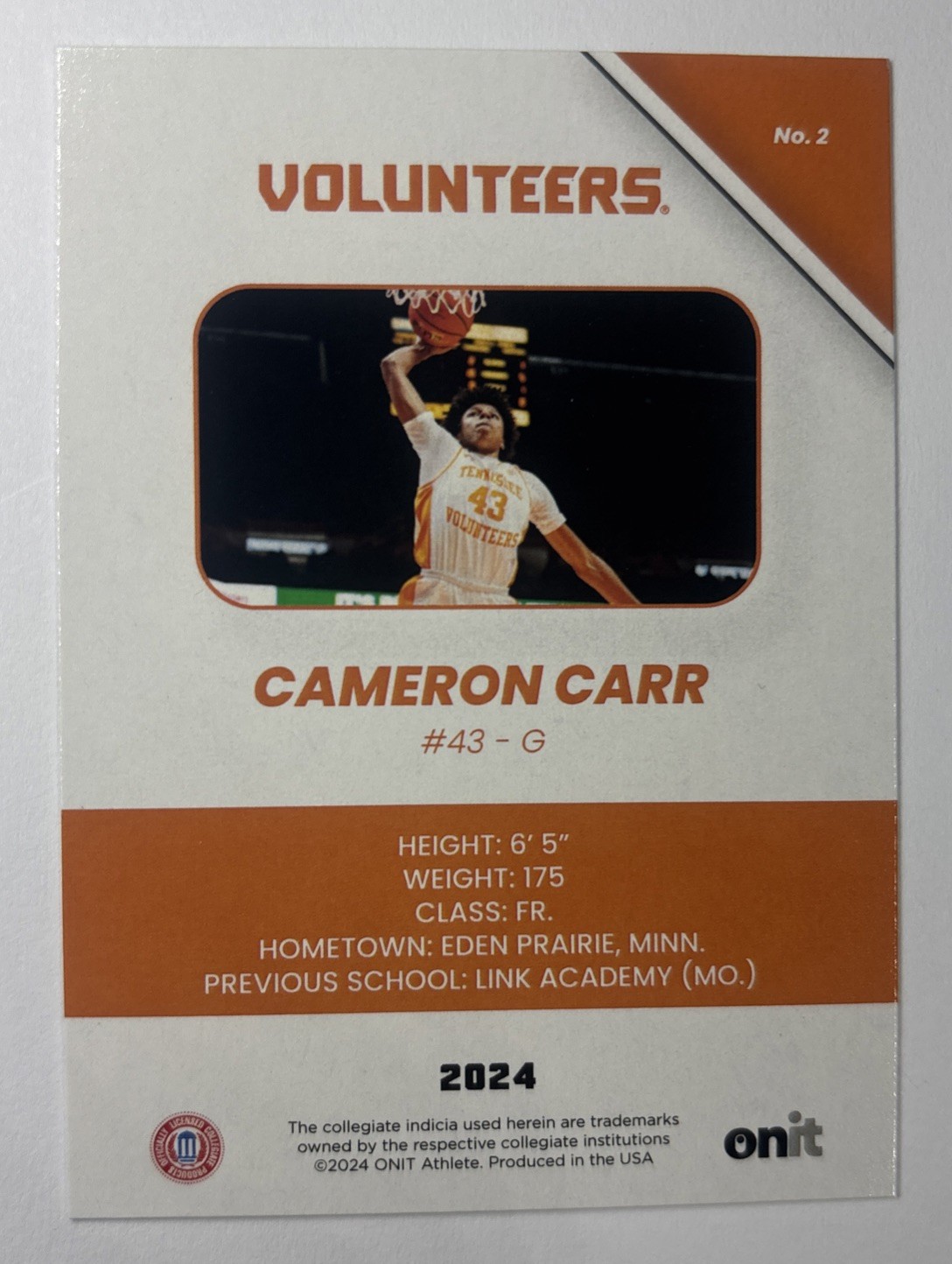 Cameron Carr First Card 2024 Tennessee Volunteers – Los Angeles Lakers Rookie