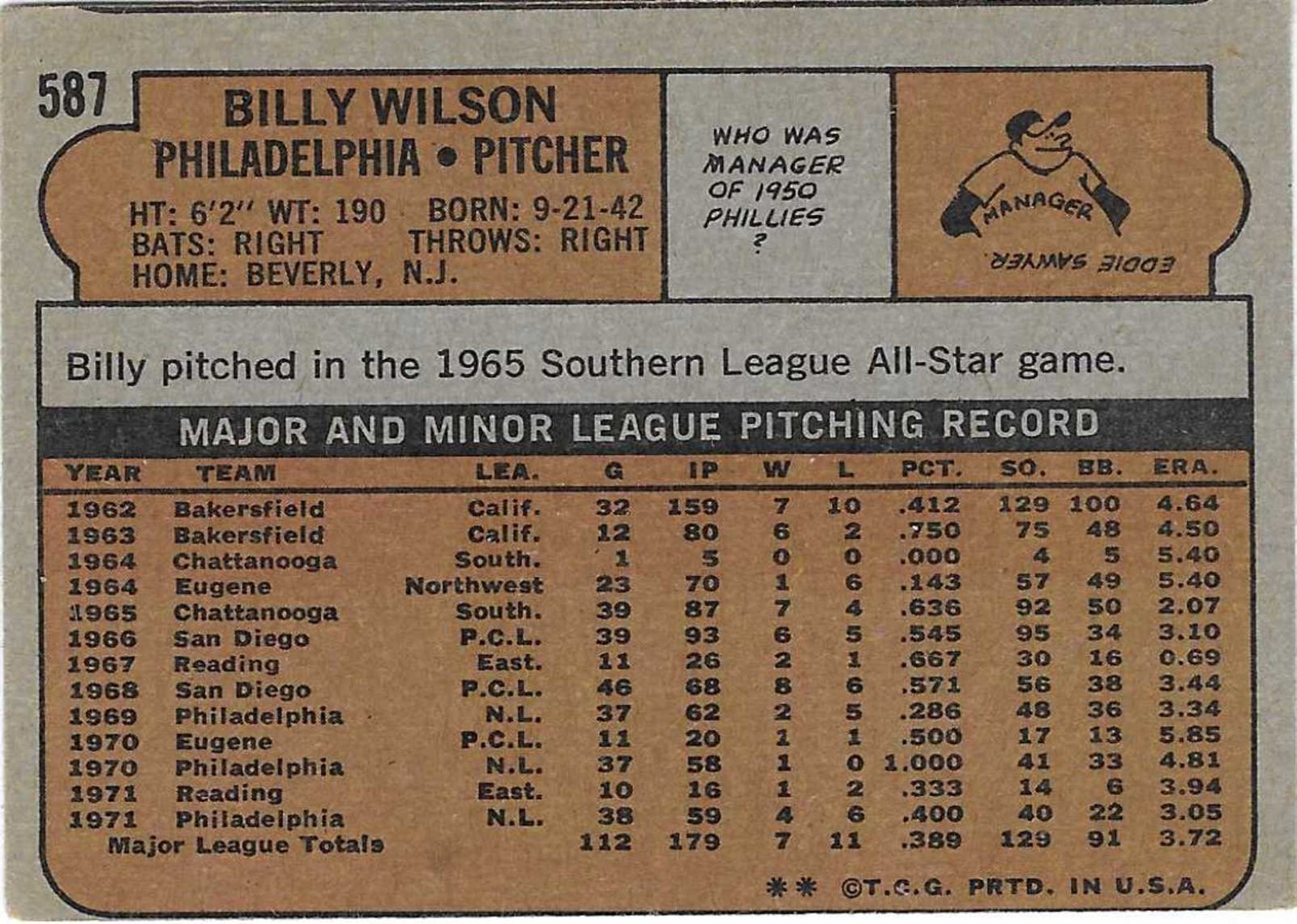 1972 TOPPS – #587 BILLY WILSON (PHILLIES)!! TOUGH SEMI-HIGH NUMBER! GREAT CARD!!