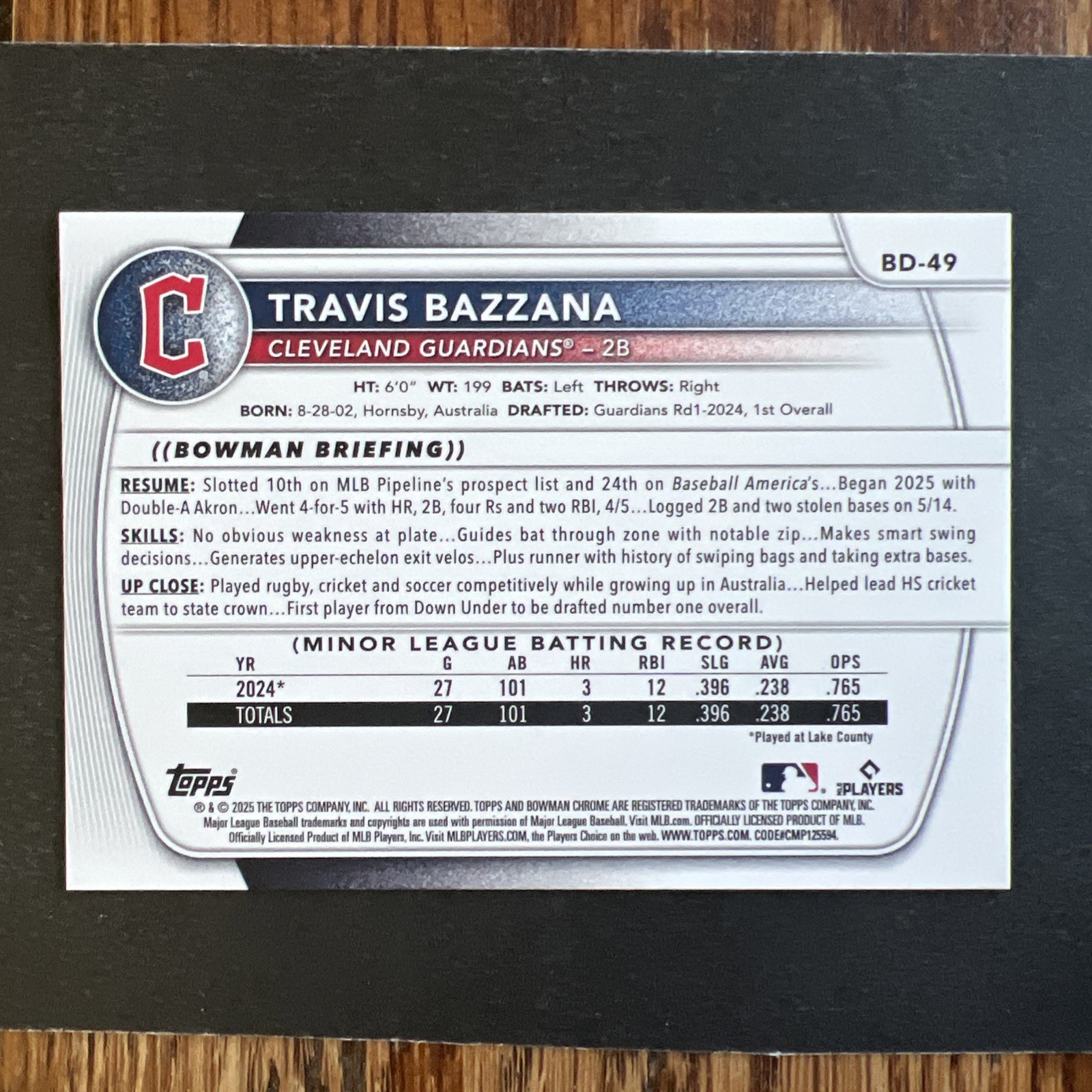 2025 Bowman Draft Travis Bazzana Cleveland Guardians Rookie #BD-49 (RC)