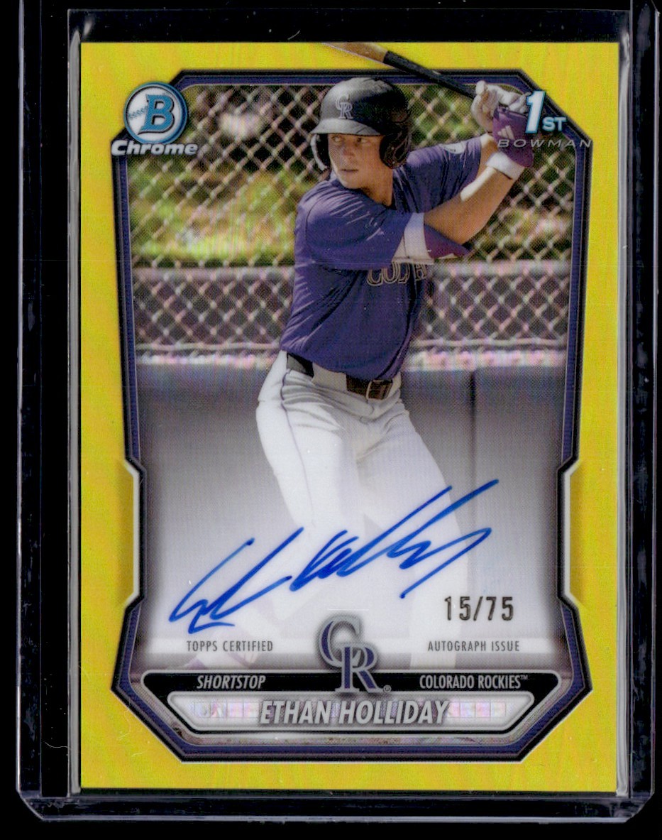 ETHAN HOLLIDAY 2026 BOWMAN CHROME PROSPECT AUTO YELLOW REFRACTOR AUTO 15/75