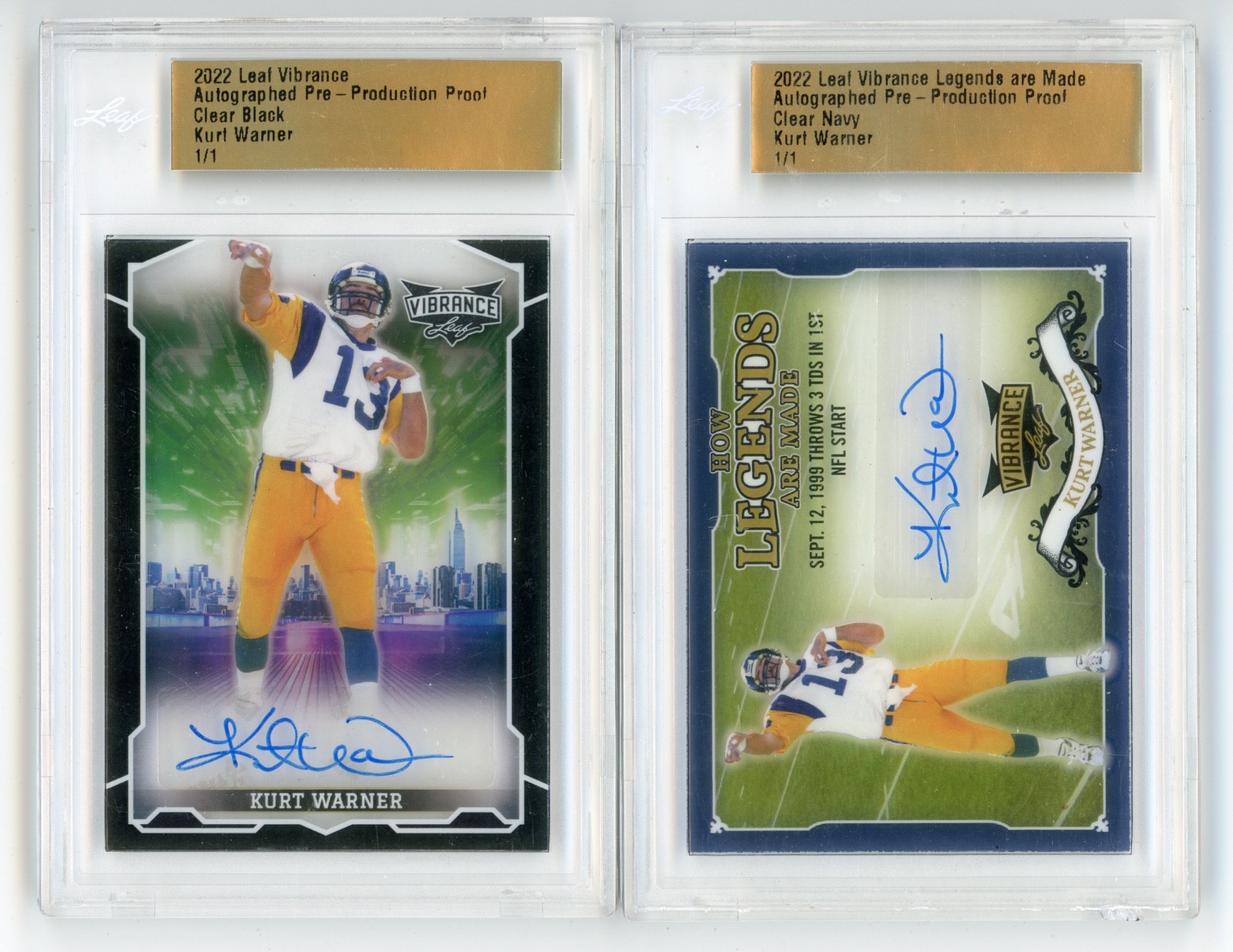 2x 1/1 Kurt Warner 2022 Leaf Vibrance Autographed Pre-Production Proof Auto Lot
