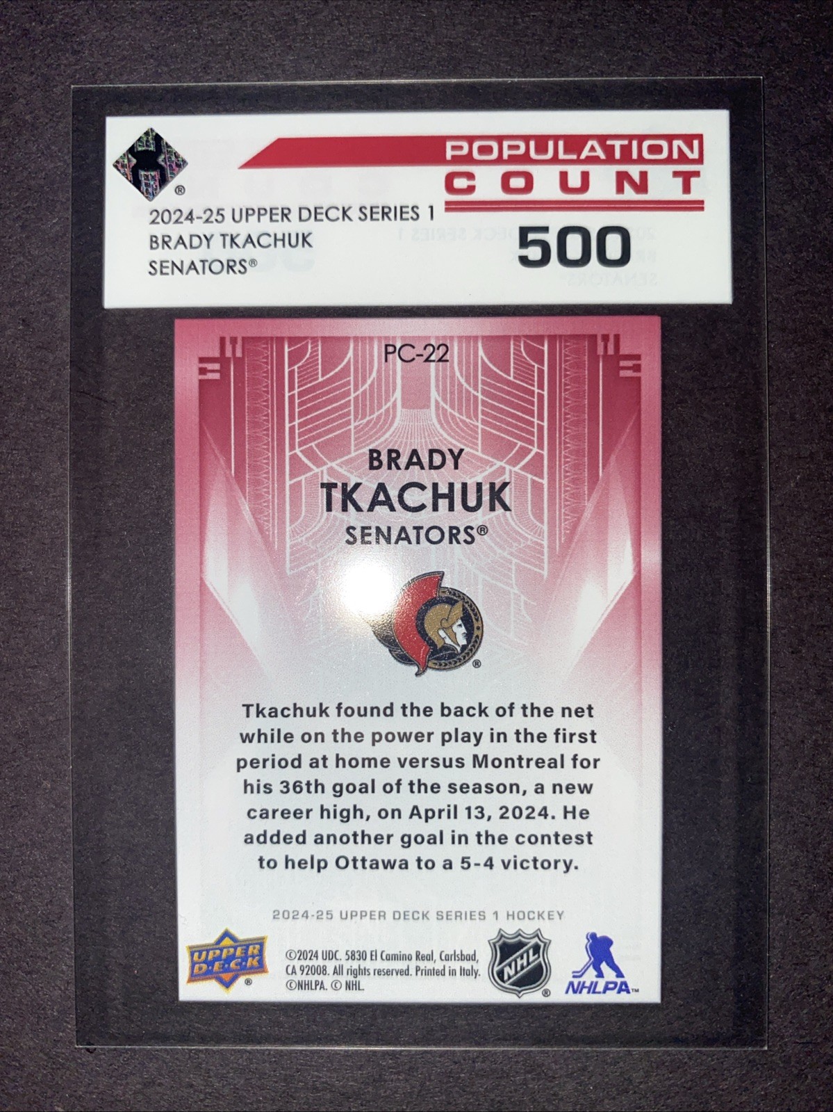 2024-25 Upper Deck Series 1 Population Count 500 Brady Tkachuk #PC-22