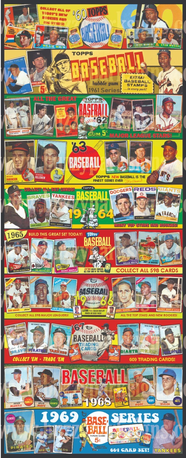 8″x20″ 1960 – 1969 Baseball Card Ad PVC Print Poster Mantle Mays Clemente
