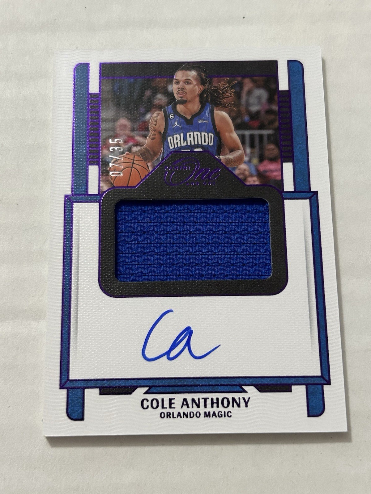 2022-23 Panini One And One Cole Anthony 7/35 Purple Patch Auto On Card