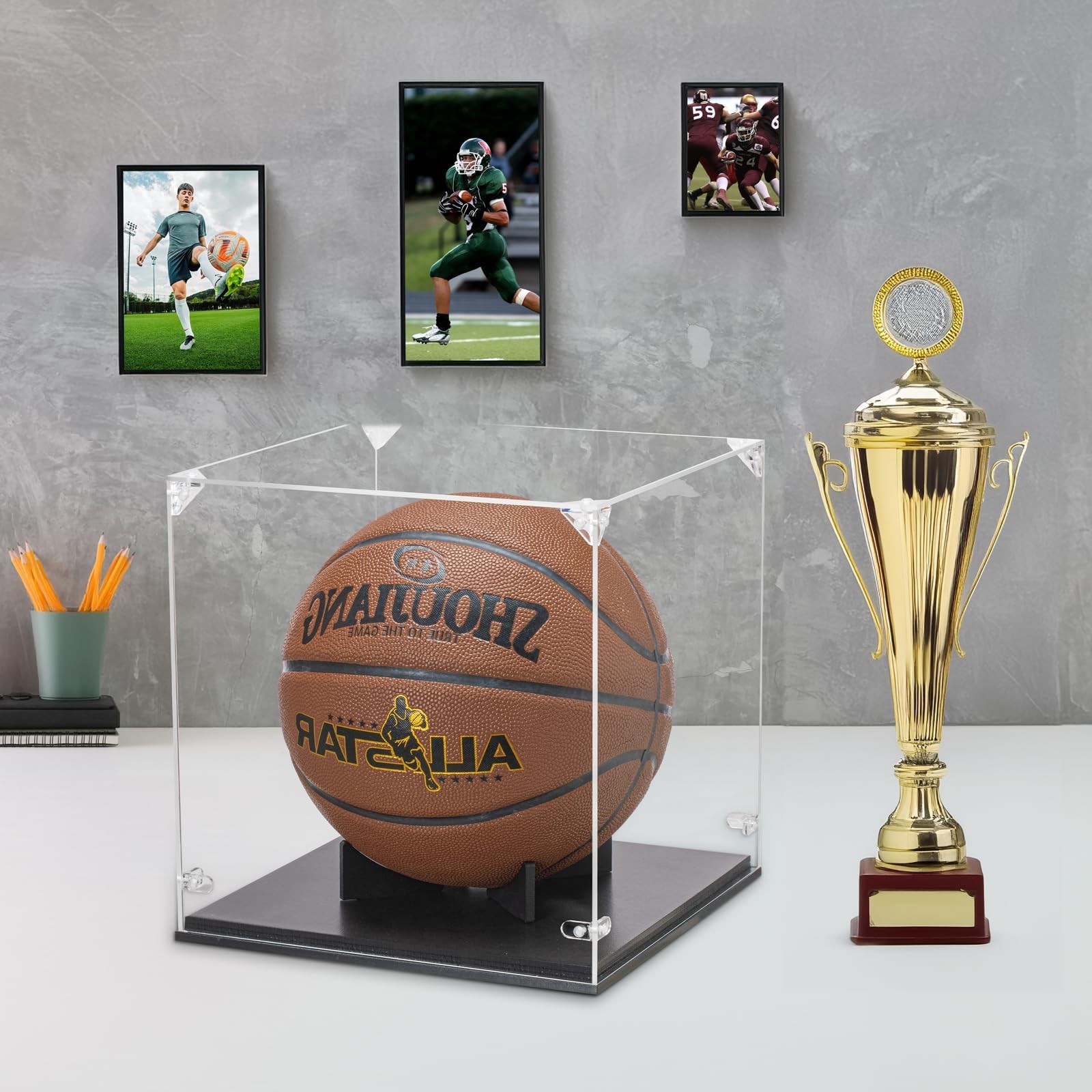Basketball Display Case with UV Protection | Thick Acrylic Lid & Wooden Base for
