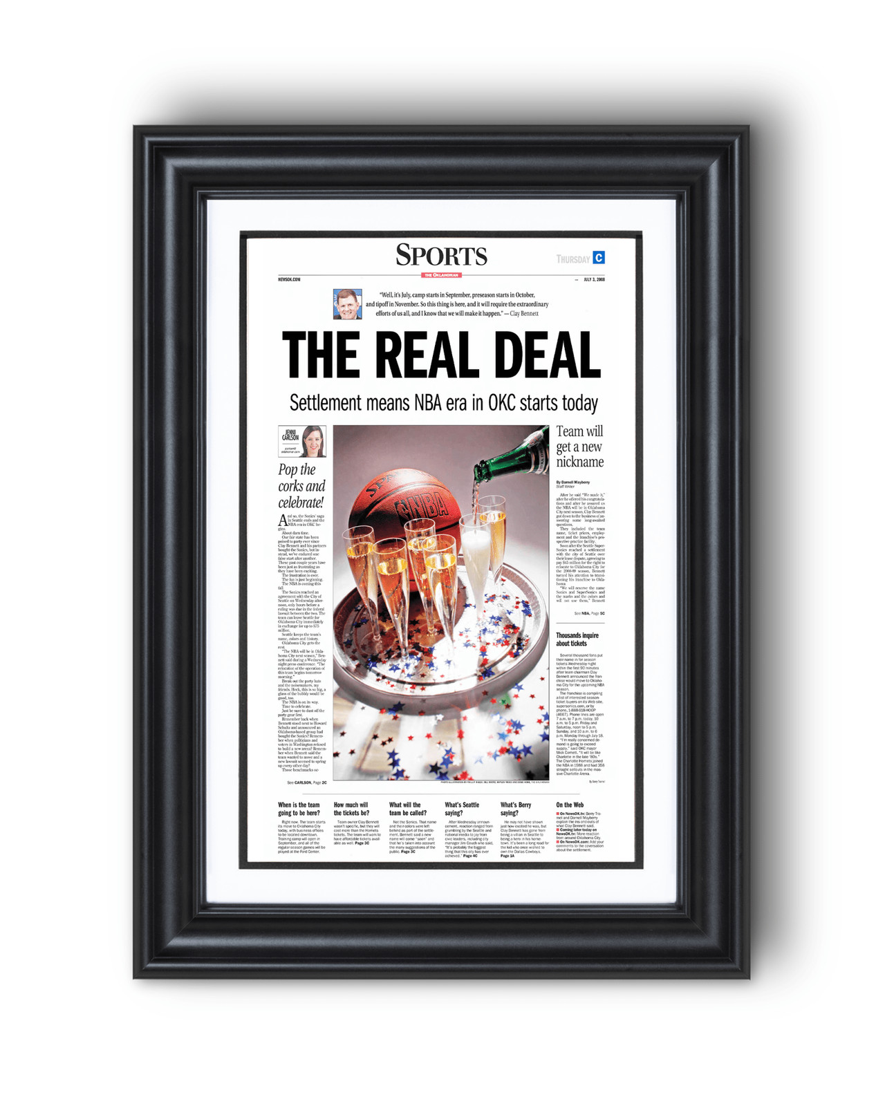 2008 Oklahoma City Thunder NBA Arrival “The Real Deal” – Framed Newspaper