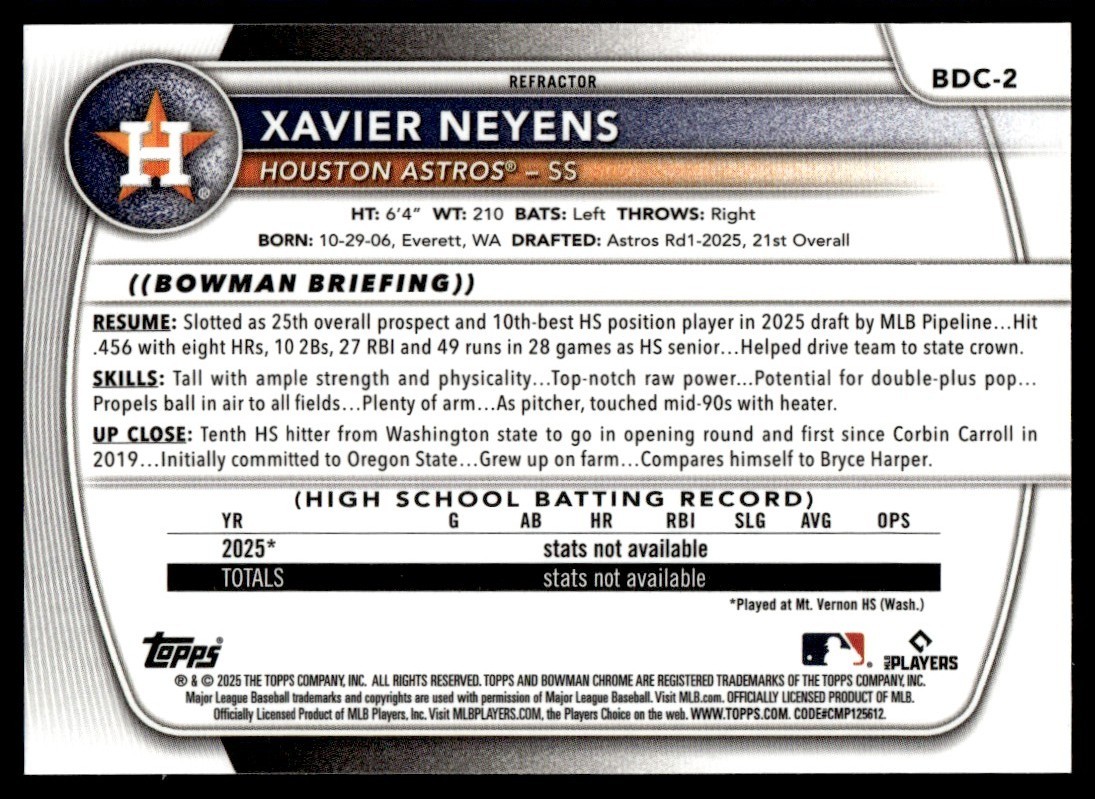 2026 Bowman Chrome Refractor Xavier Neyens Rookie Houston Astros #BDC-2