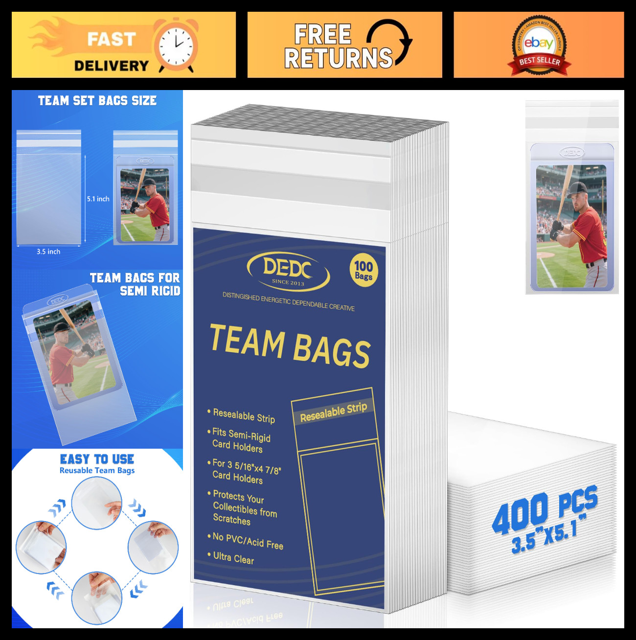 400Pcs Resealable Team Bags for Semi-Rigid Card Holders, Trading Cards, Card Gra