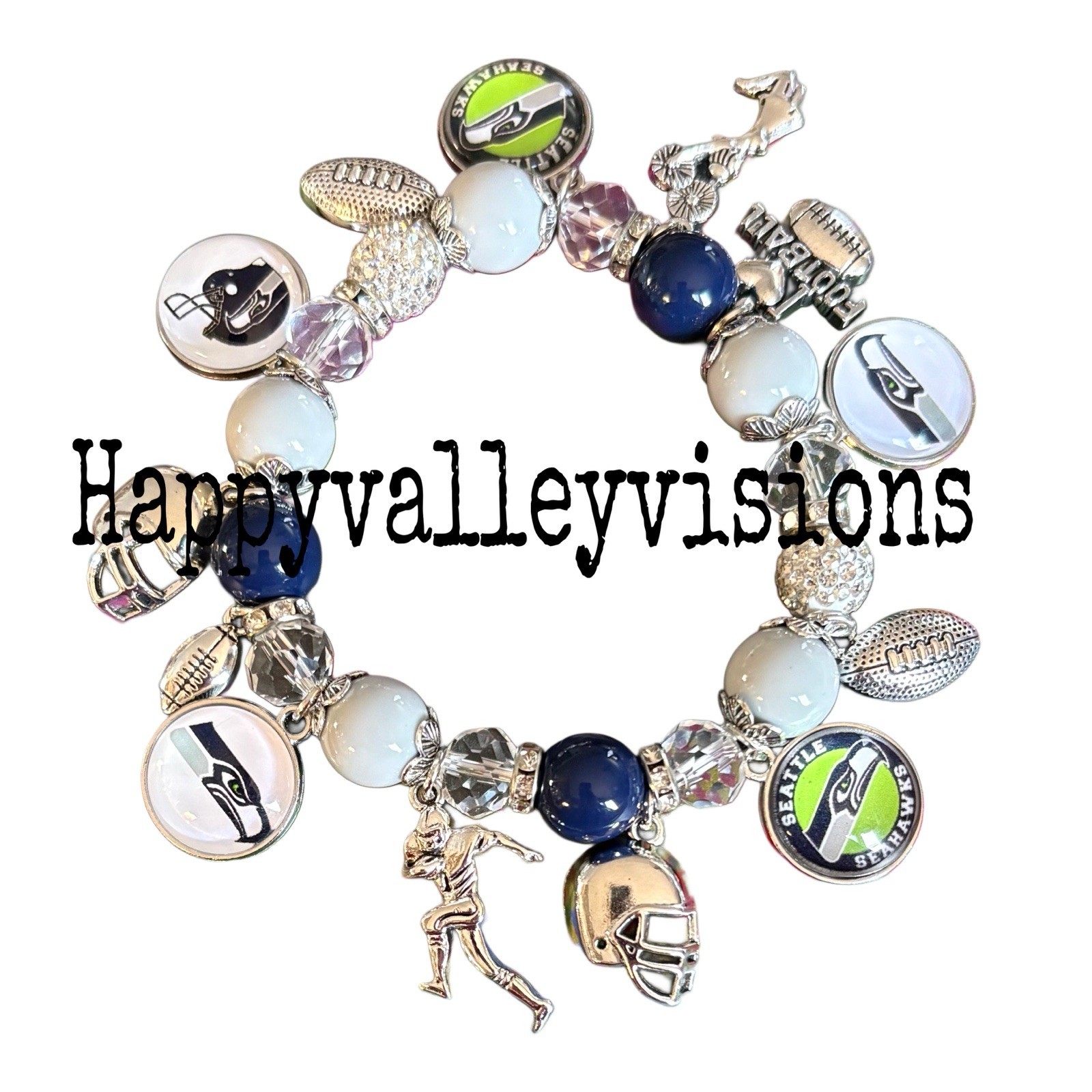 Women’s SEATTLE SEAHAWKS Football Charm Bracelet Metal Glass Charms Stretchy