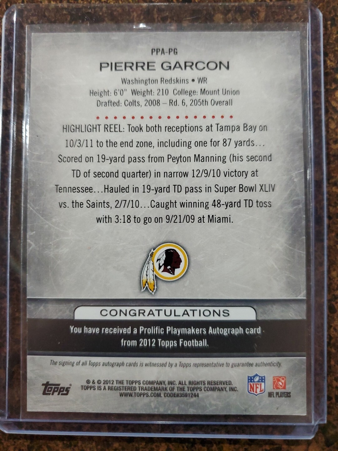 2012 TOPPS Prolific Playmakers Autogragh Card Pierre Garcon Auto Rare