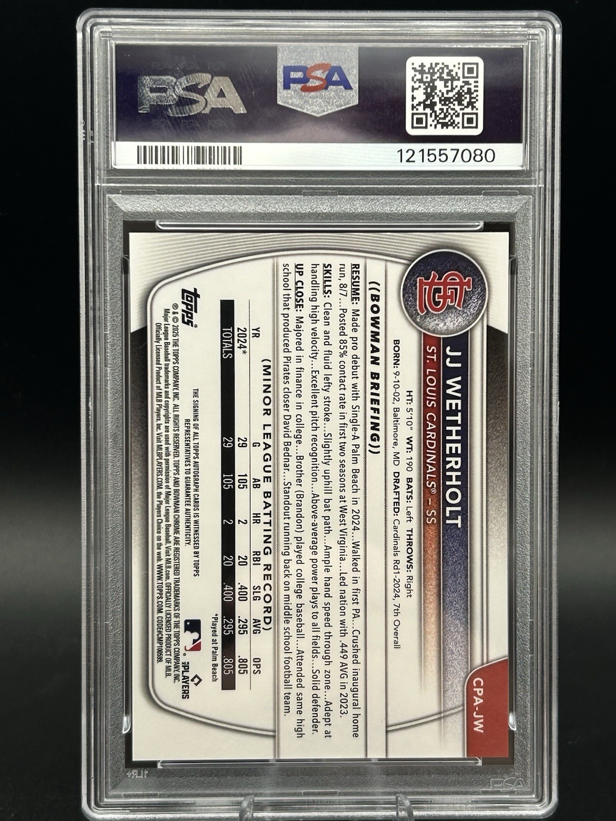 JJ Wetherholt PSA 9 2025 Bowman Chrome Autograph RC CPA-JW Cardinals B602