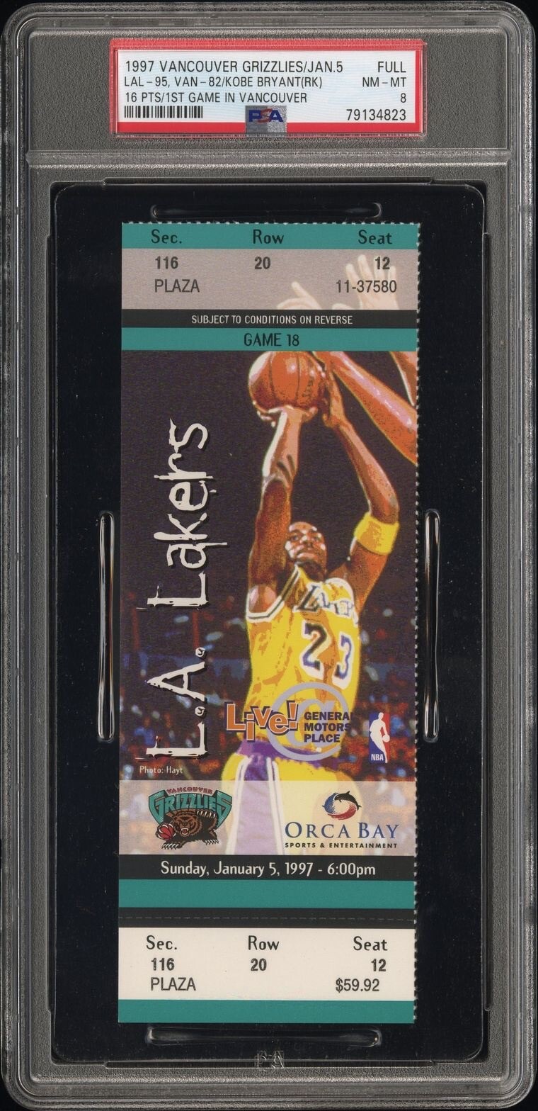 1997 KOBE BRYANT 1ST GAME IN VANCOUVER/16PT ROOKIE YEAR FULL TICKET LAKERS PSA 8