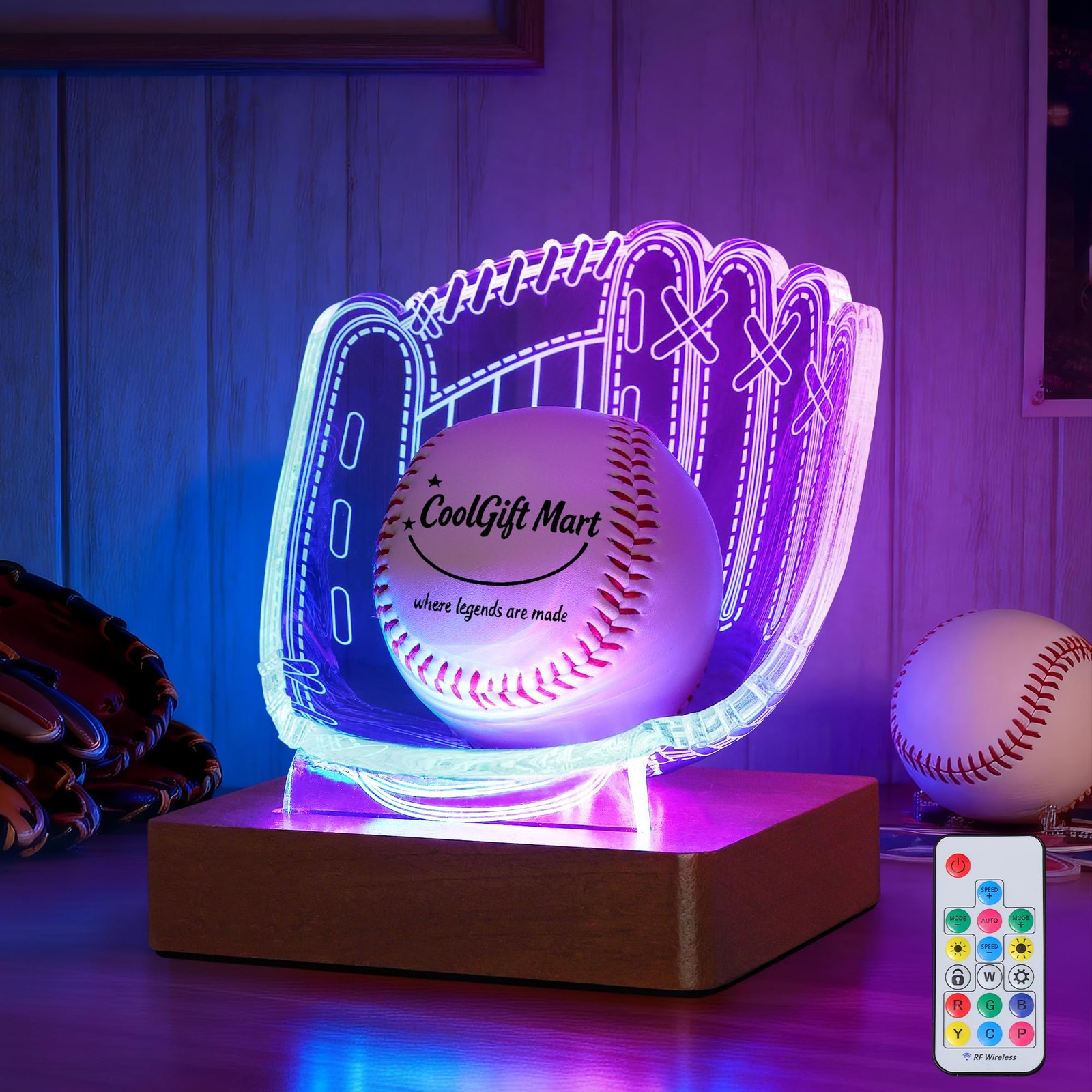 CoolGift Mart Illuminated Baseball Glove Display Stand – Acrylic & Wooden Base w