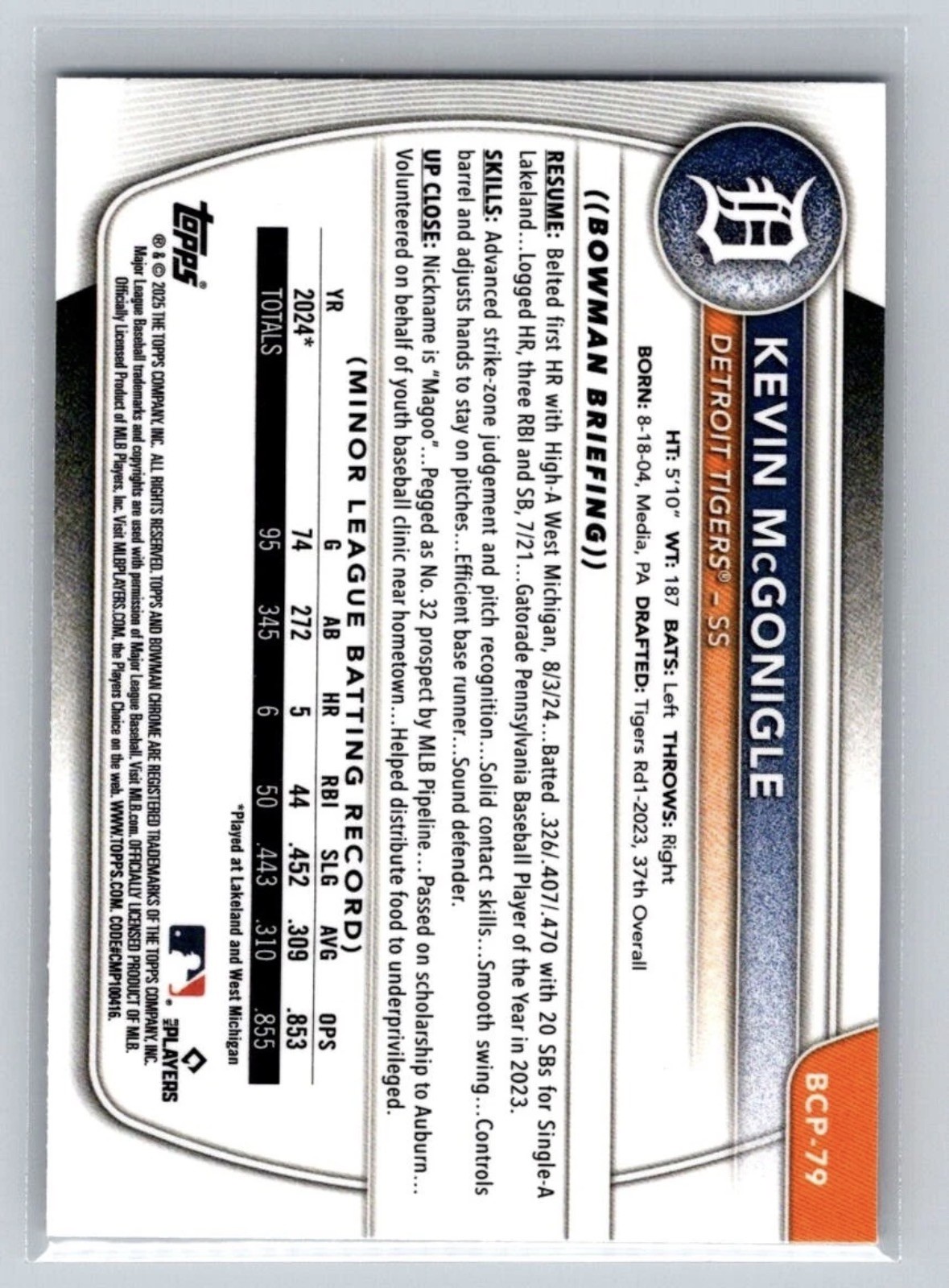 2025 Bowman 1st Chrome Prospect Kevin McGonigle #BCP-79