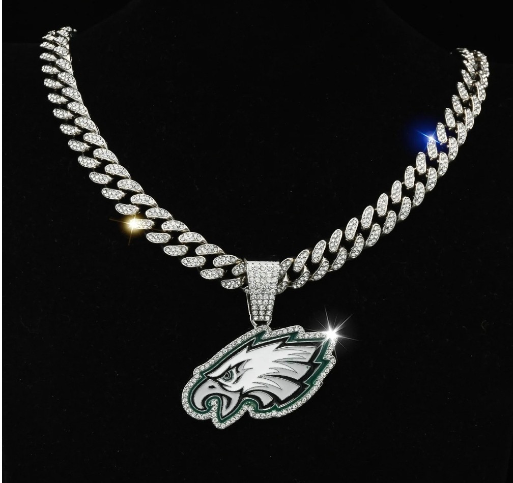PHILADELPHIA EAGLES GEM NECKLACE Silver Bling Football Pendant / 24″ Cuban Chain