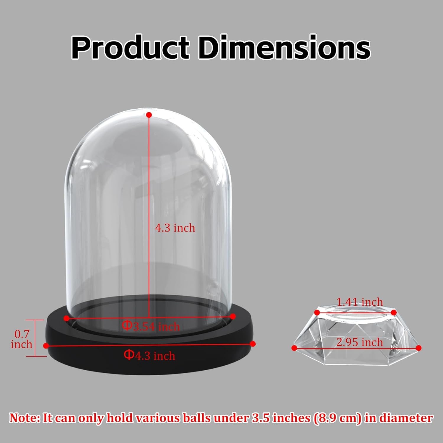 Baseball Display Case with LED Light Base and Glass Dome Cloche