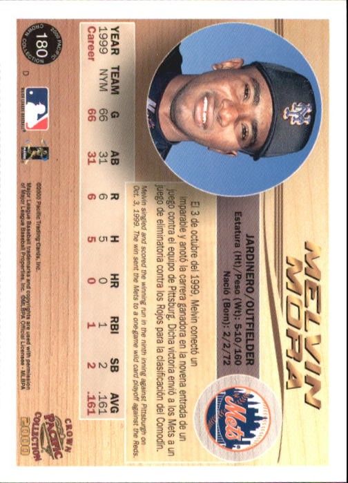2000 Pacific Crown Collection #180 Melvin Mora – BB