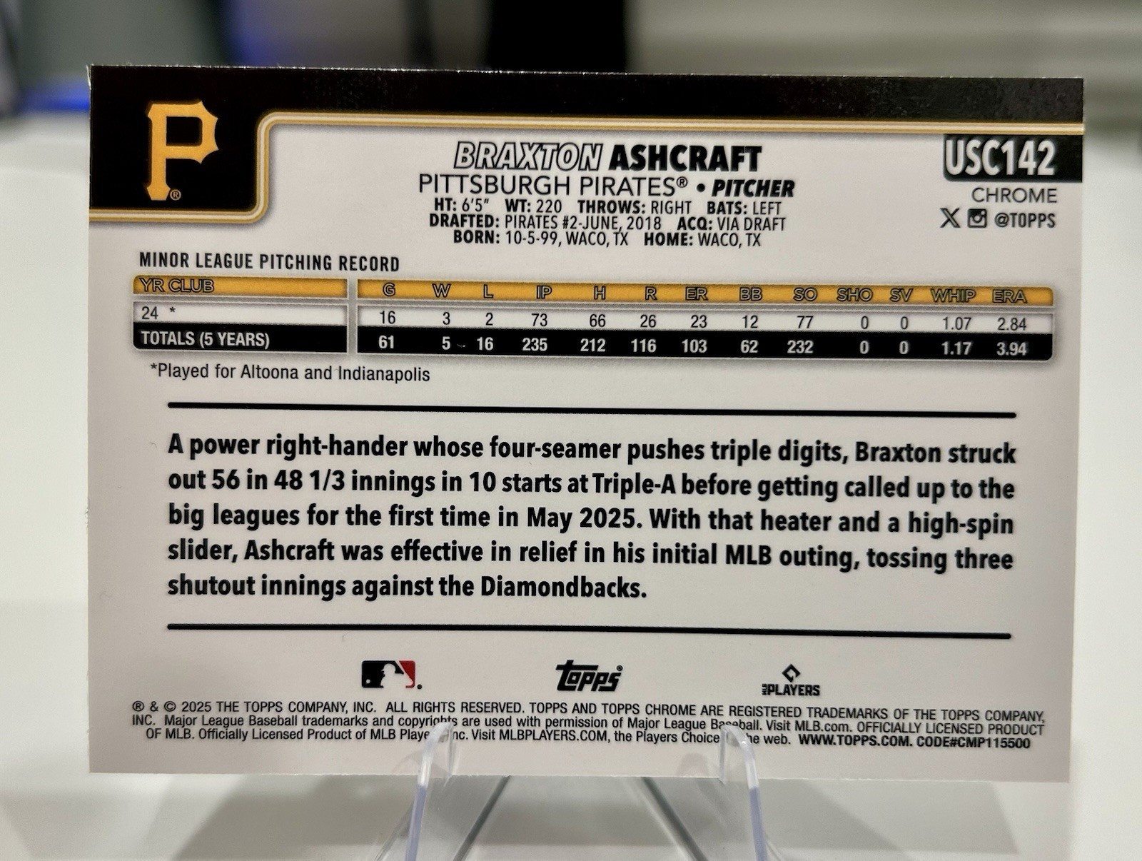 2025 Topps Chrome Update Braxton Ashcraft RC #USC142 Pirates