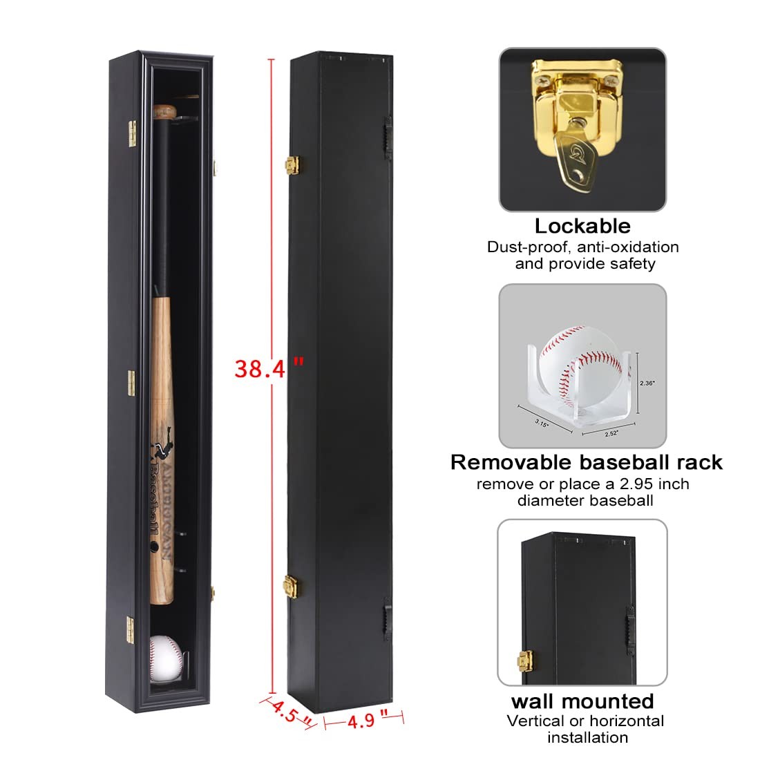 Baseball Bat Display Case Wall Mount with Acrylic Door & UV Protection