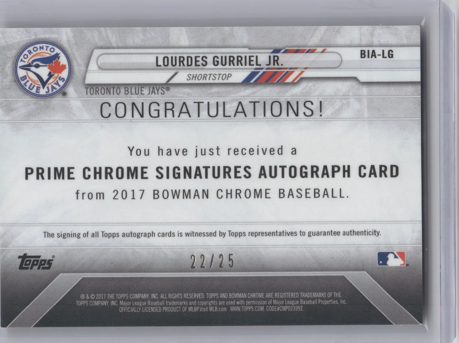 2017 Bowman Chrome Prime Signatures Lourdes Gurriel Jr. #BIA-LG Orange 22/25