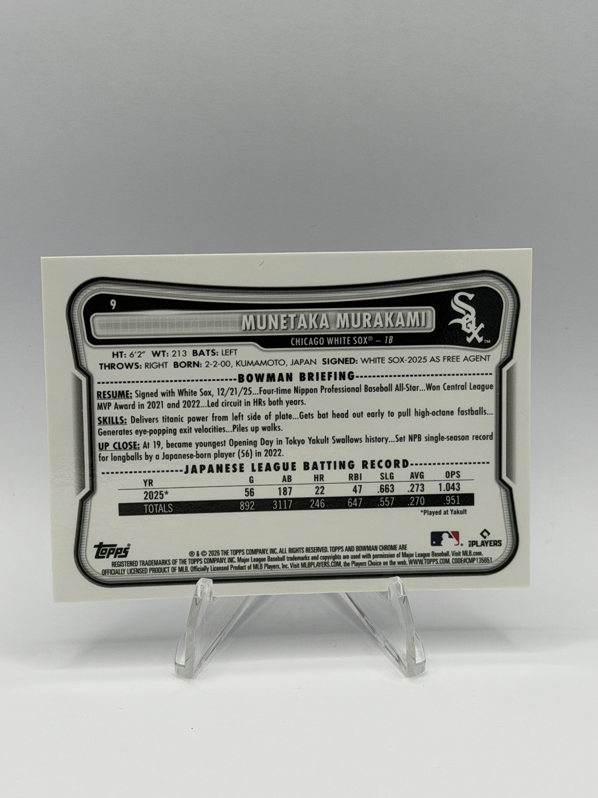 Munetaka Murakami RC Mojo Refractor 2026 Bowman White Sox #9 Rookie