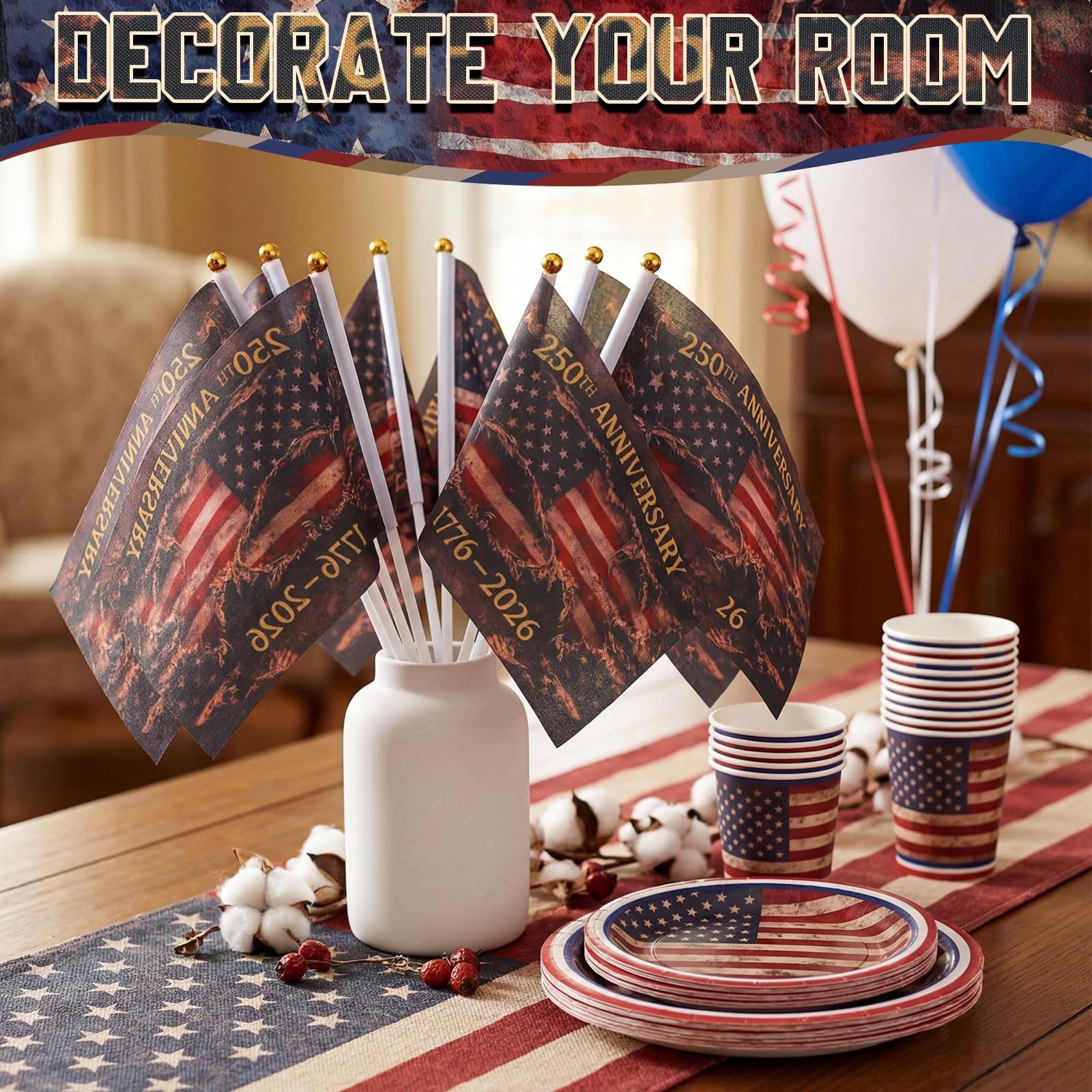 100 Pcs 250th Anniversary Flag on Stick America Hand Held Flag 1776-2026 America