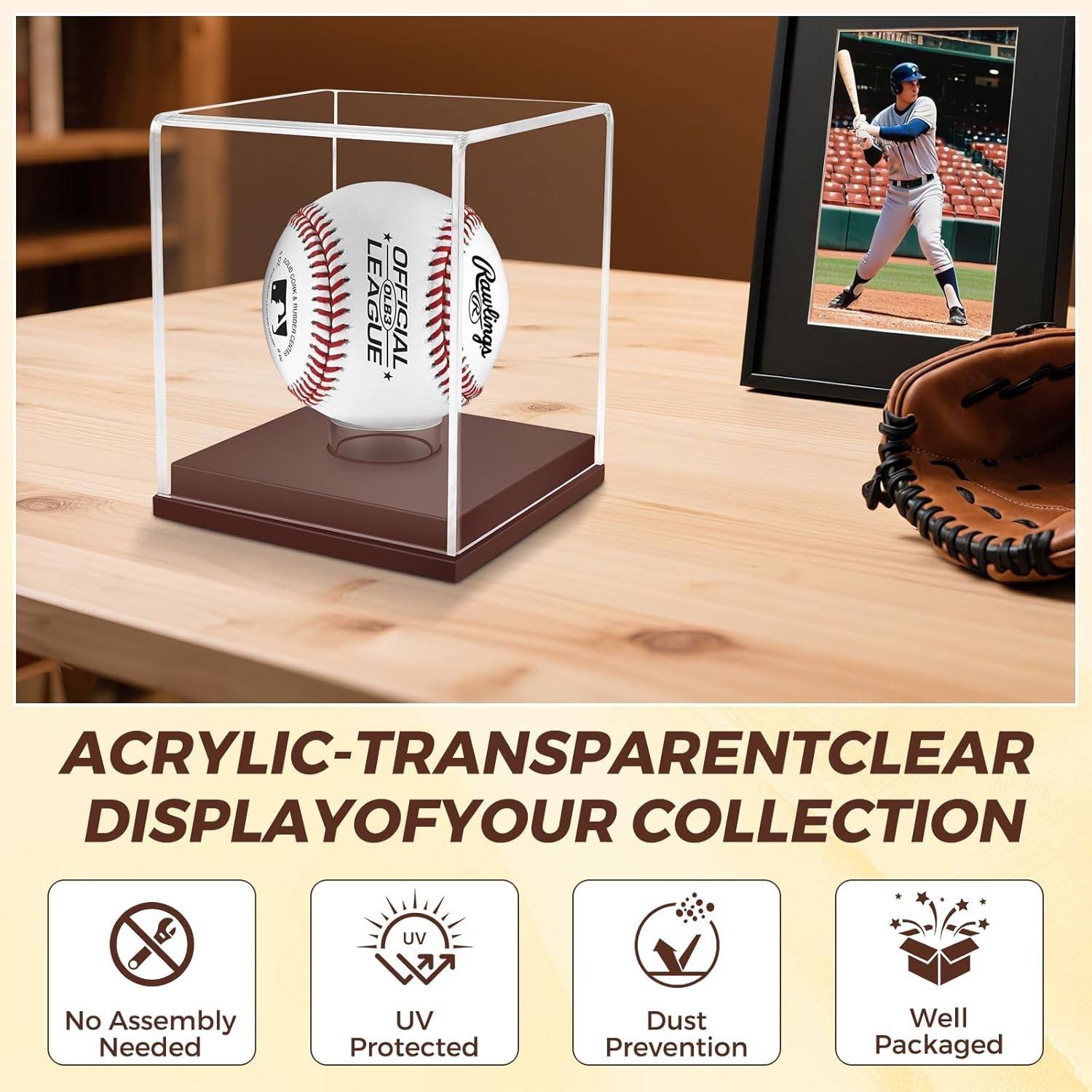 Clear Acrylic Baseball Display Case with Brown Wooden Base – Ideal Gift for Fans