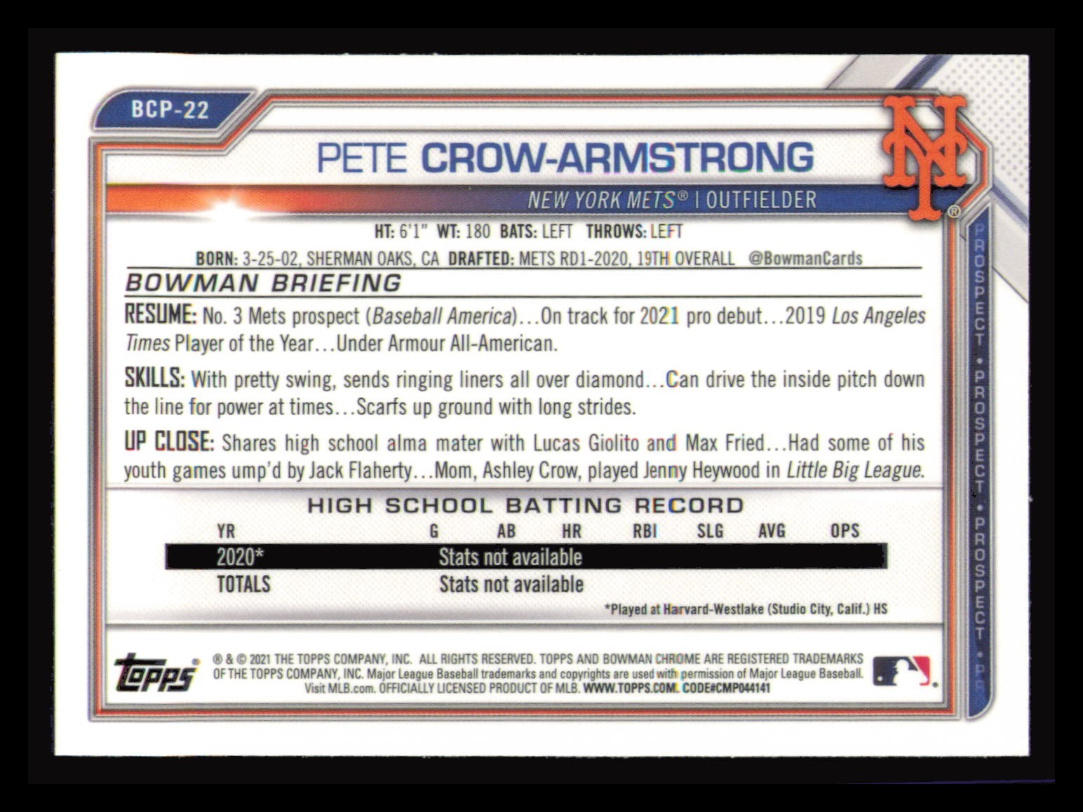 2021 Bowman – Chrome Prospects Pete Crow-Armstrong #BCP-22 QUANTITY