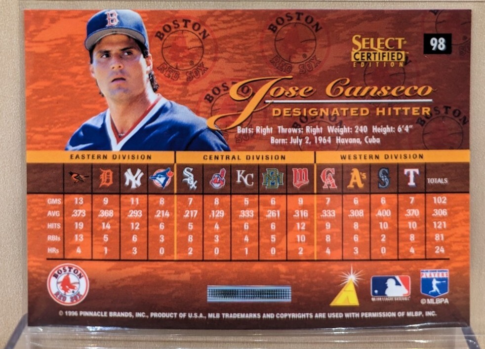 1996 Select CERTIFIED RED #98 Jose Canseco RARE *COLOR MATCH* PARALLEL /1800