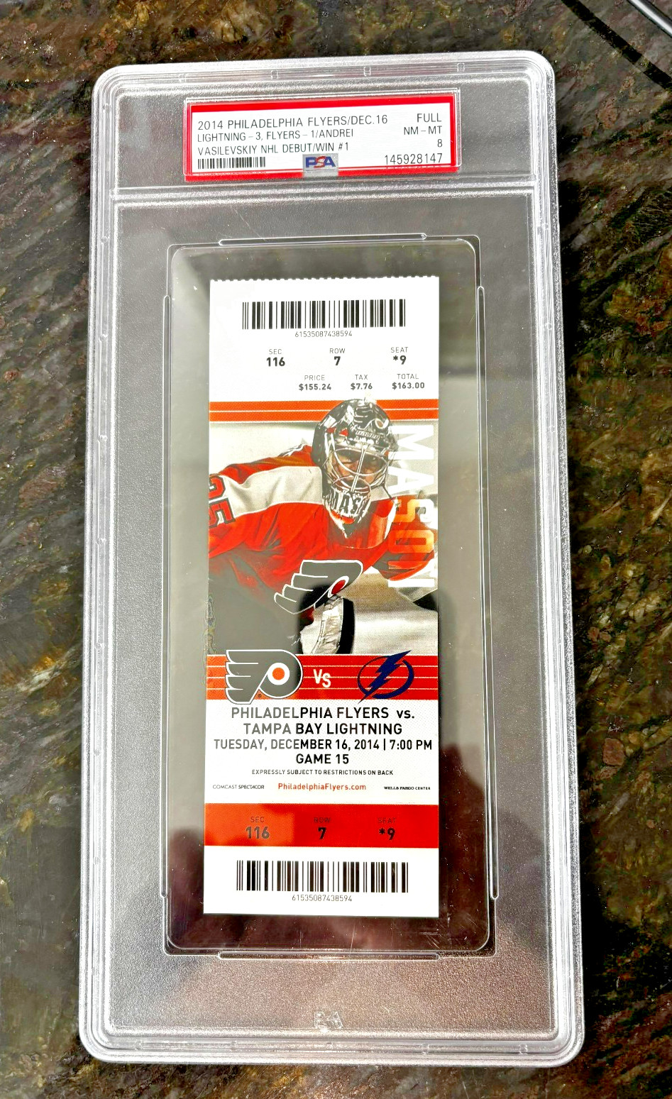 ANDREI VASILEVSKIY NHL DEBUT PSA 8 MINT TICKET 12/16/14 Tampa Bay Lightning 2014