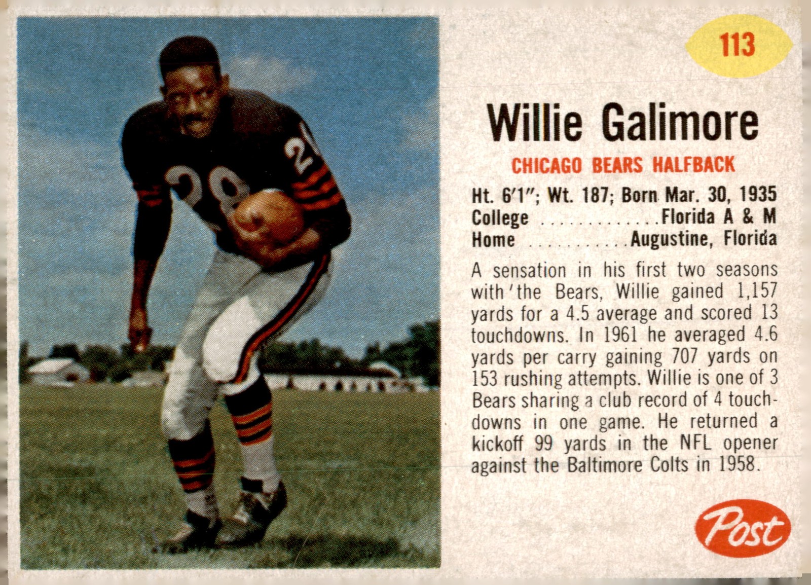 1962 Post Cereal #113 Willie Galimore