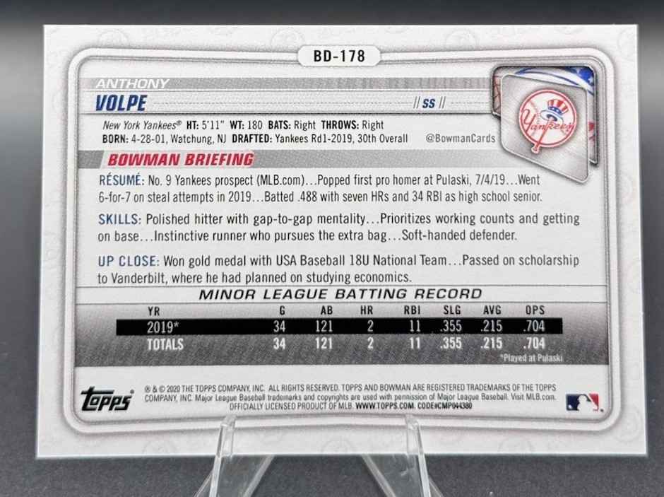 2020 Bowman Draft 1st Edition – Anthony Volpe #BD-178 (RC)