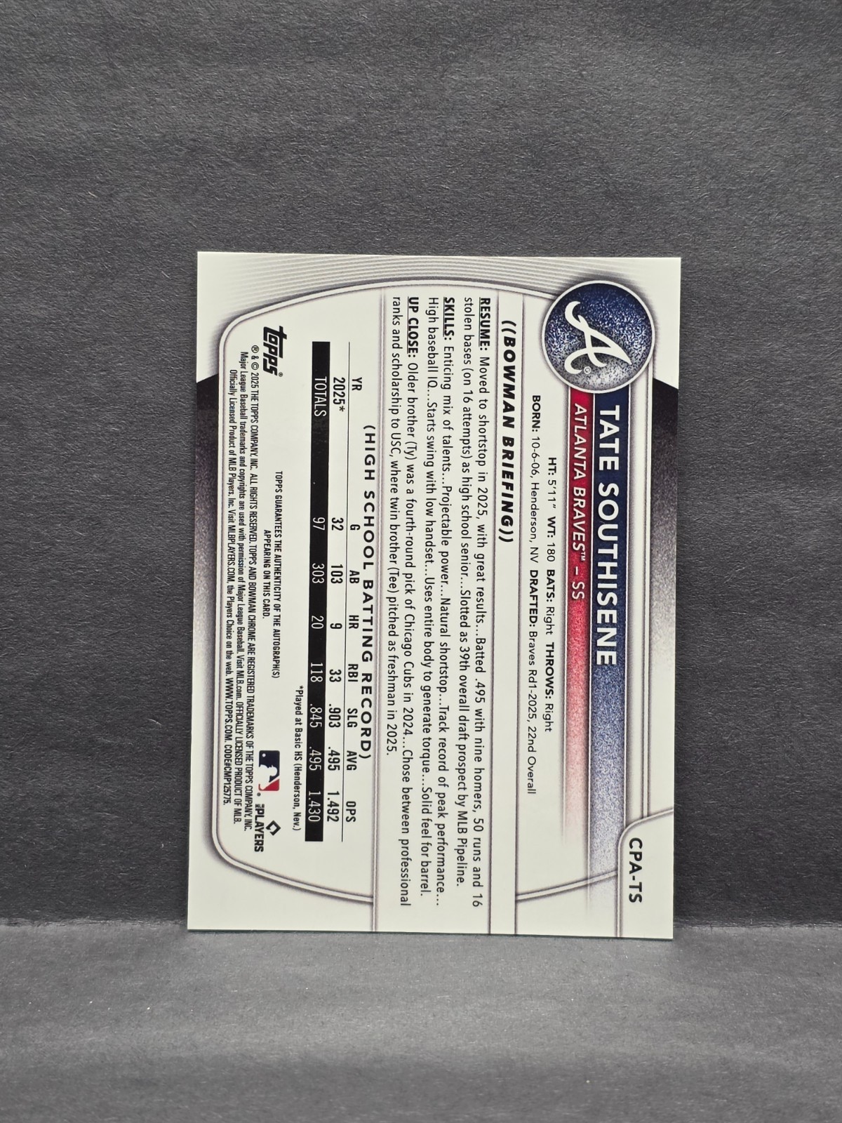 TATE SOUTHISENE – 2025 Bowman Draft – Chrome HTA Choice Auto /150 #CPA-TS Braves