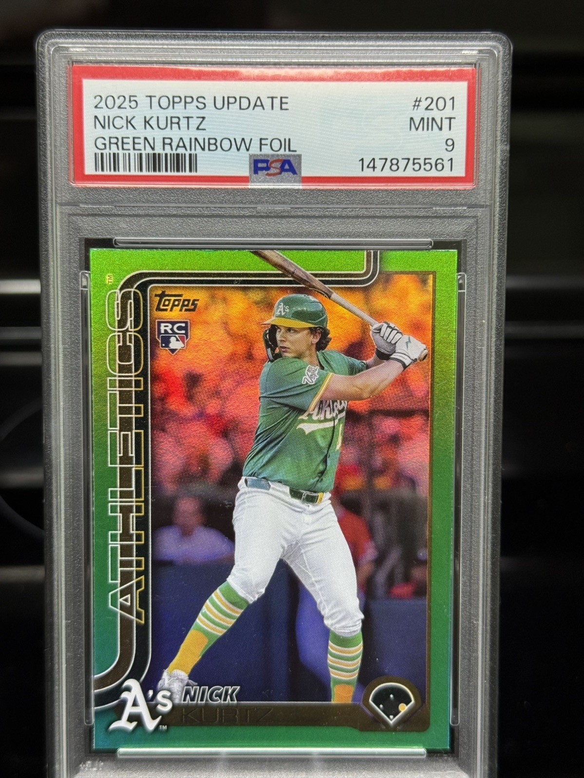 2025 Topps Nick Kurtz Rookie Card Green Rainbow Foil Colormatch /99 PSA 9