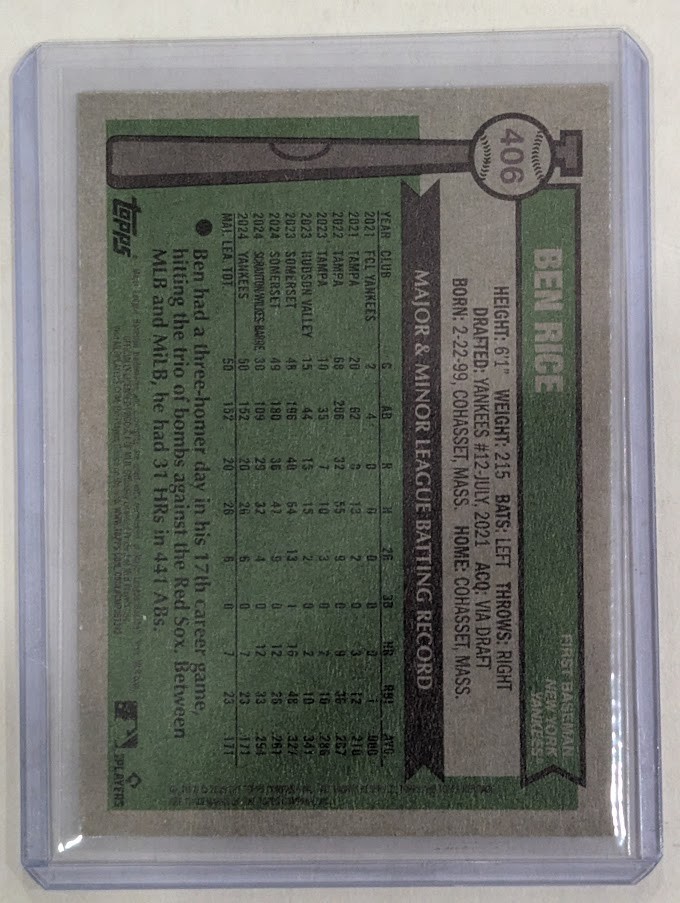 2025 Topps Heritage Green Border Variation #406 Ben Rice RC Rookie