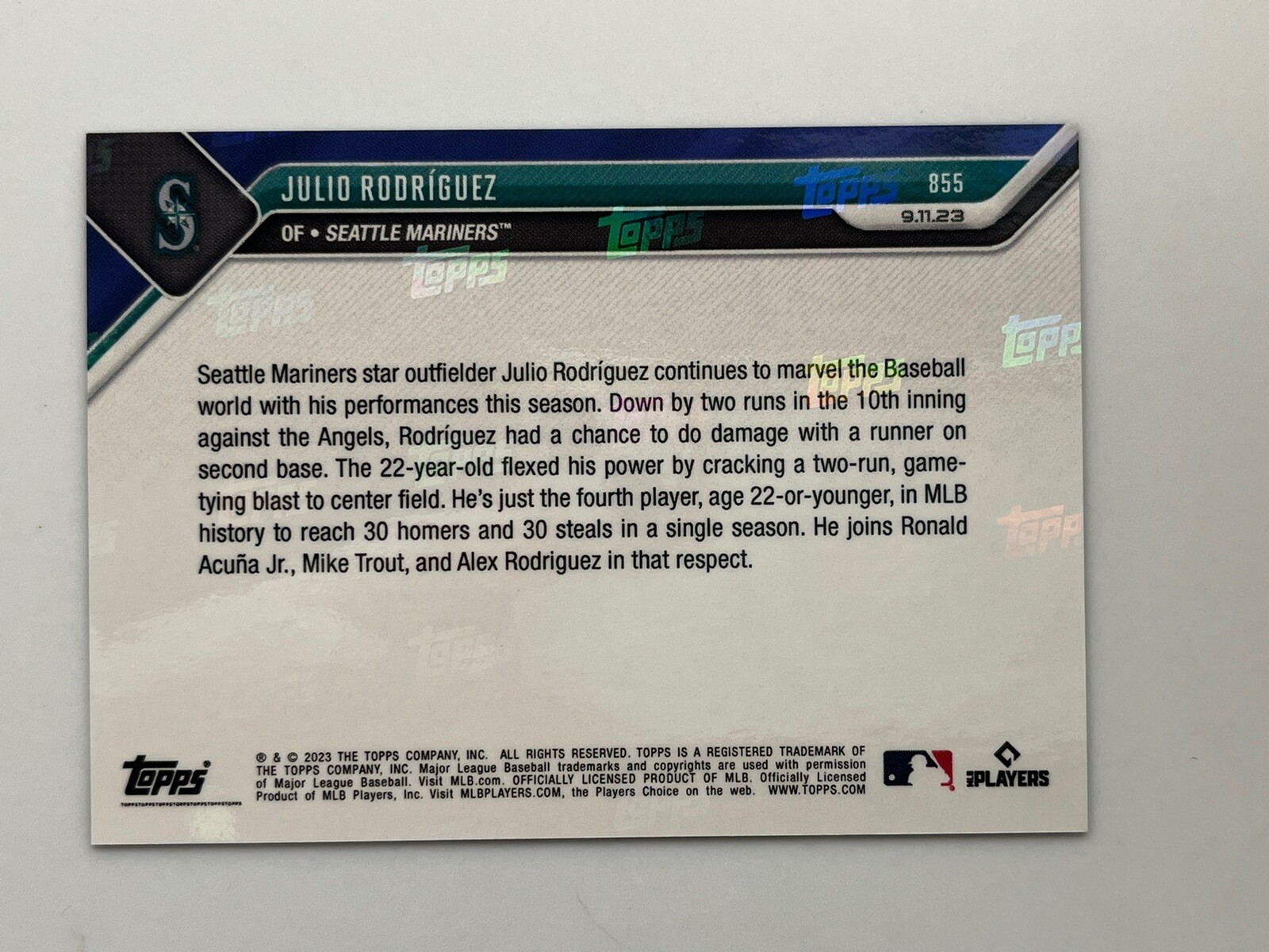 2023 Topps Now #855 Julio Rodriguez Seattle Mariners Baseball Card
