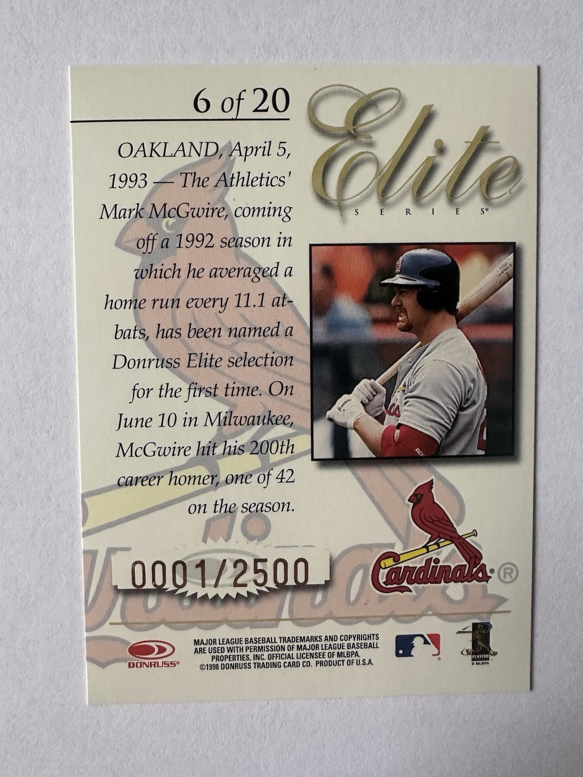 1998 Donruss – Elite Series Mark McGwire #6 RARE SERIAL NUMBER 0001/2500