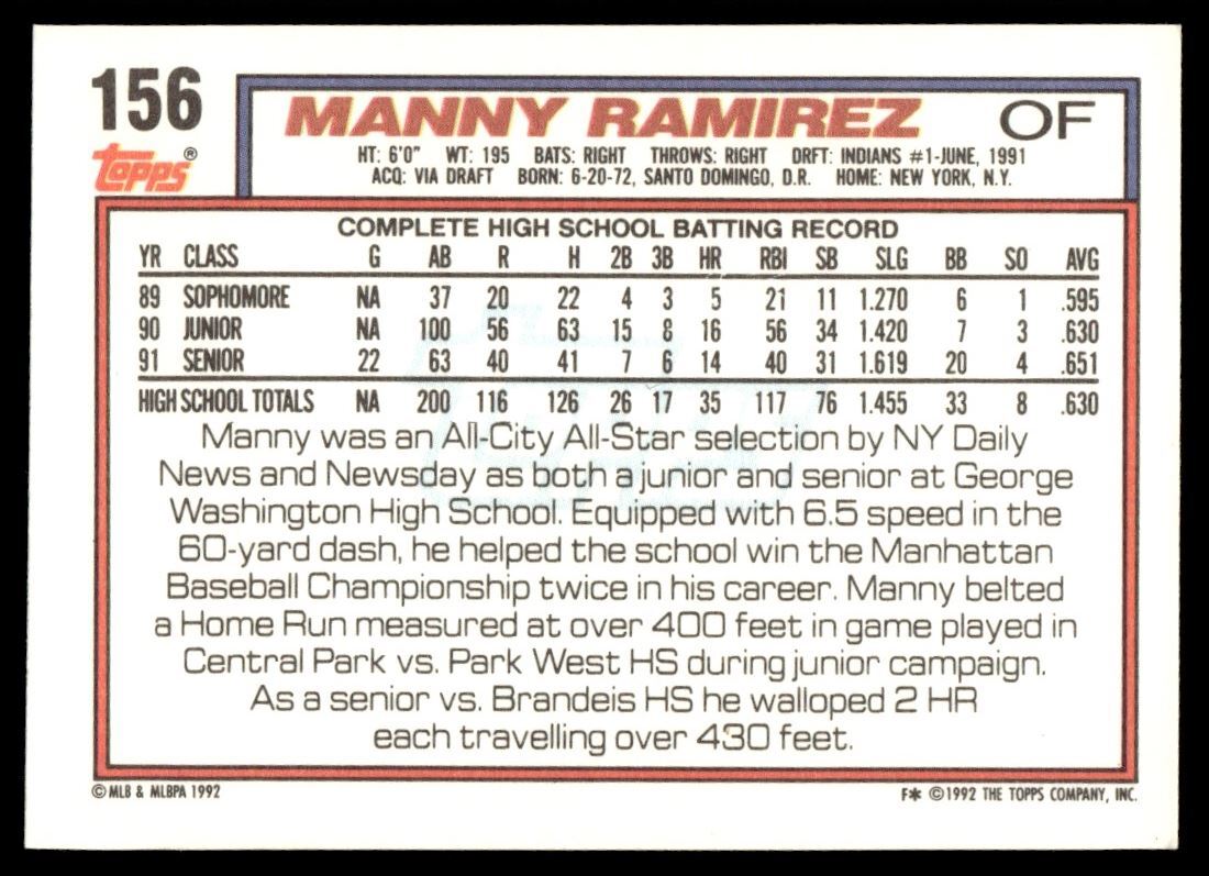 1992 Topps Manny Ramirez Rookie #156