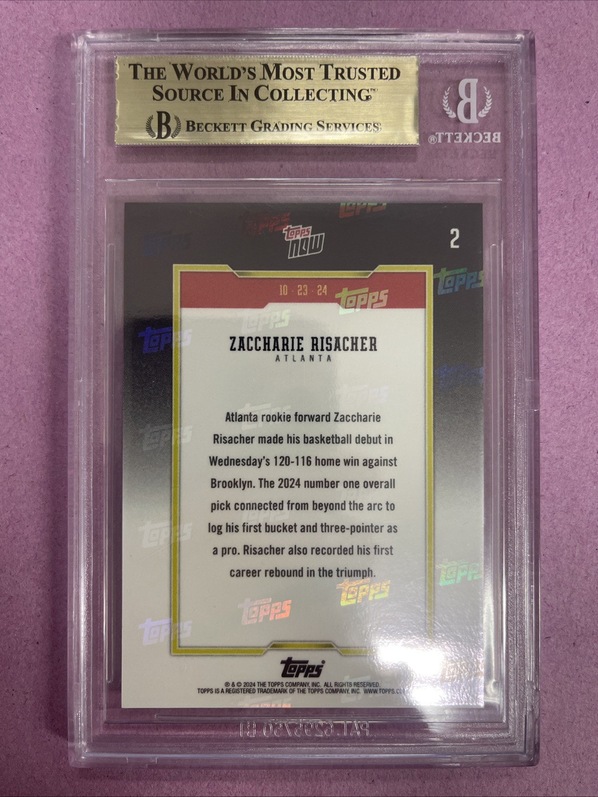 2024-25 Topps Now Zaccharie Risacher #2 RC Rookie-DEBUT GOLD /50 BGS 10 POP1 SD2