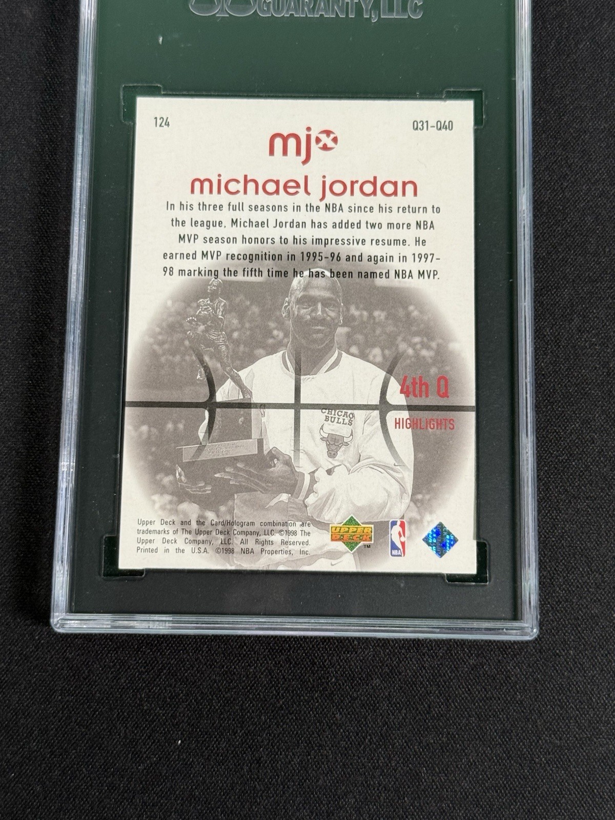 Michael Jordan 1998 Upper Deck MJx #124 SGC 10 GM HOLDING MVP TROPHY GOAT HOF