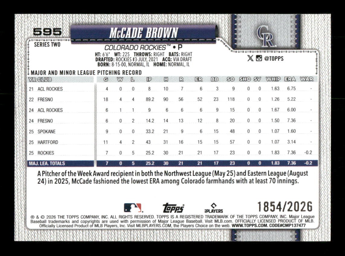 2026 Topps #595 McCade Brown Gold Rookie #/2026 Colorado Rockies