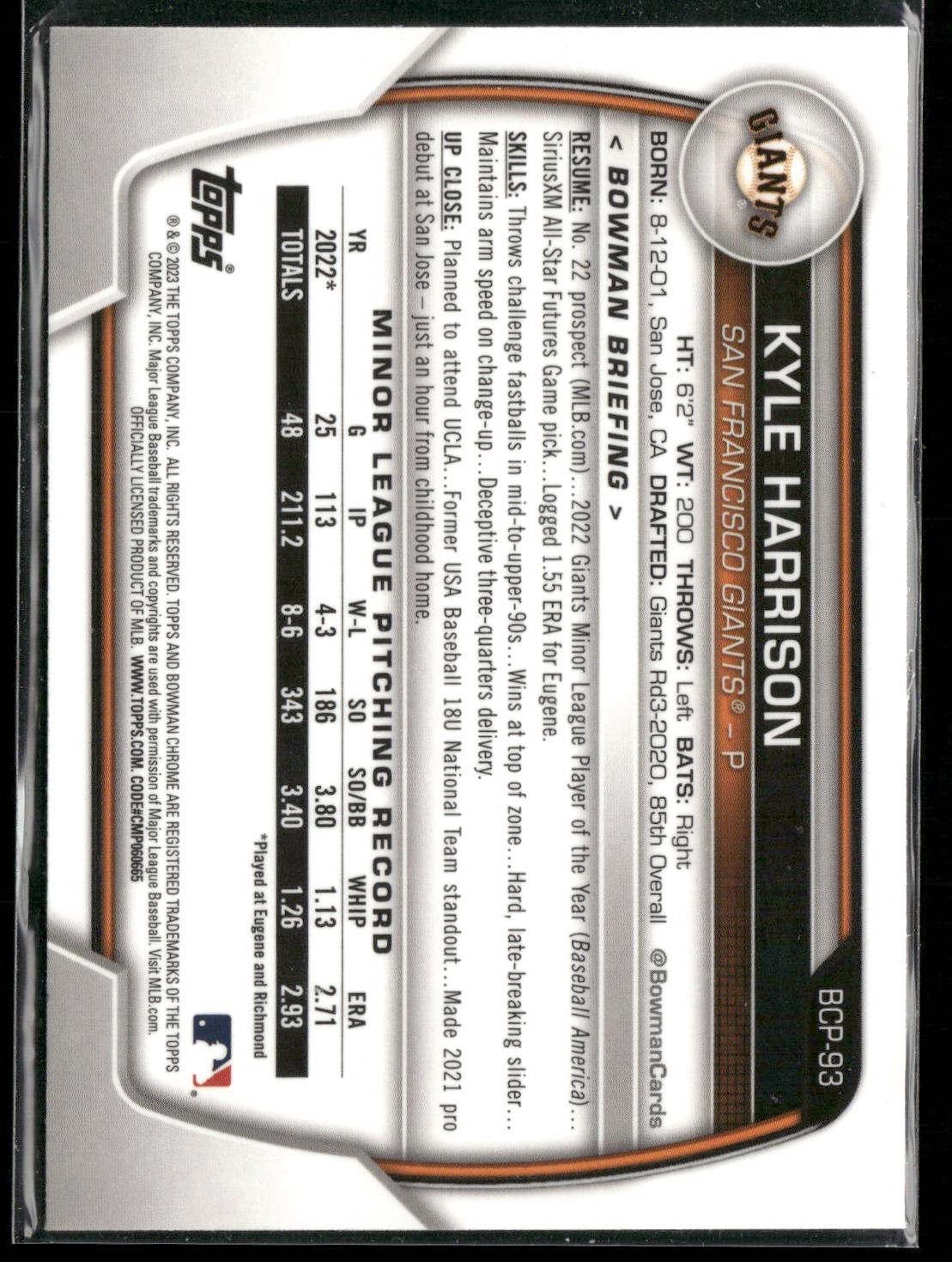 2023 Bowman #BCP-93 Kyle Harrison Chrome Prospects