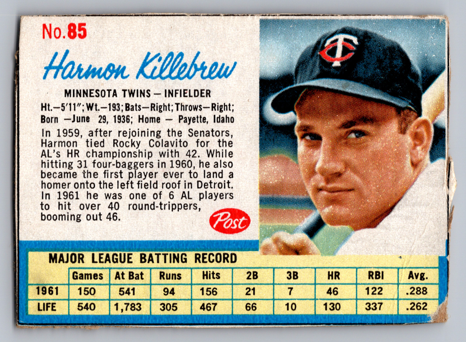 1962 POST #85 HARMON KILLEBREW TWINS