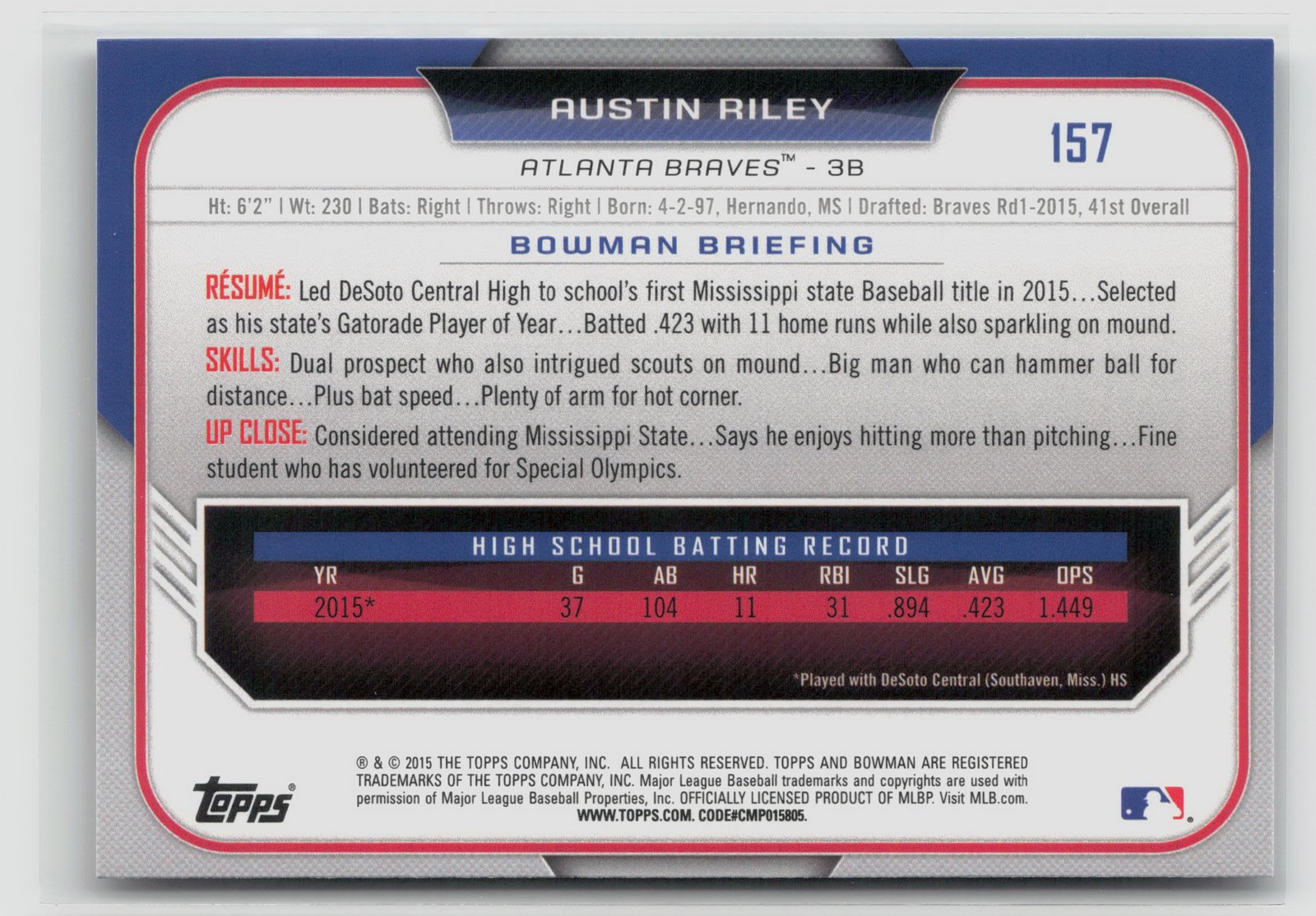 Austin Riley #157 2015 Bowman Draft Braves